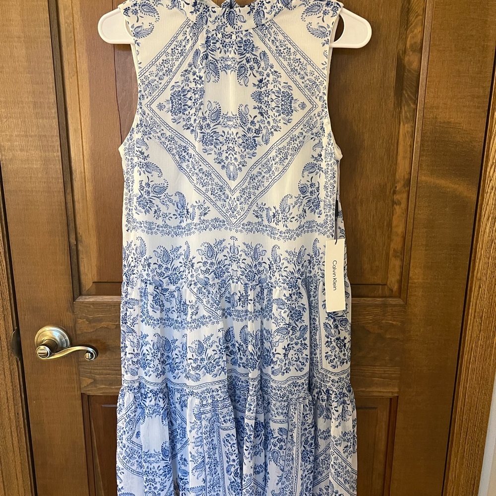 Calvin Klein Blue and White Patterned Dress